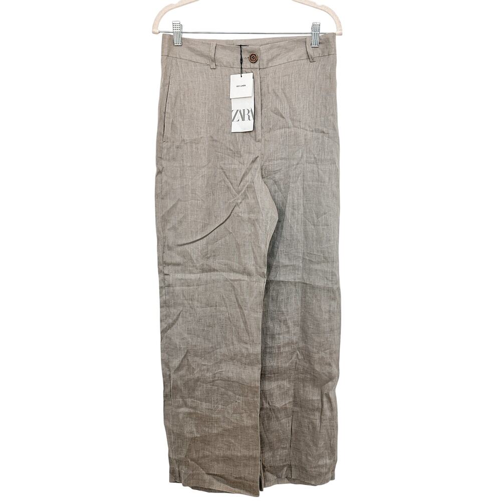 Zara Wide Leg Linen-Blend Pants in Taupe